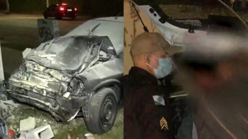  Filho pega carro escondido do pai, bate em muro e leva bronca em via pública