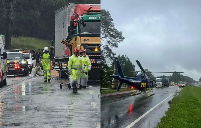  Motorista fica gravemente ferido após colisão entre caminhões na BR-116, em Piraquara