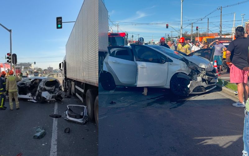  Carreta atinge cinco veículos e deixa mulher ferida em São José dos Pinhais